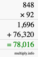 How to calculate 848 times 92 using long multiplication