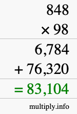 How to calculate 848 times 98 using long multiplication