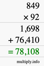 How to calculate 849 times 92 using long multiplication