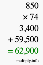 How to calculate 850 times 74 using long multiplication