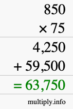 How to calculate 850 times 75 using long multiplication