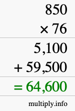 How to calculate 850 times 76 using long multiplication