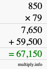 How to calculate 850 times 79 using long multiplication