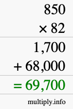 How to calculate 850 times 82 using long multiplication