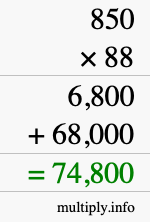 How to calculate 850 times 88 using long multiplication
