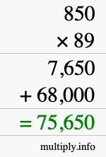 How to calculate 850 times 89 using long multiplication