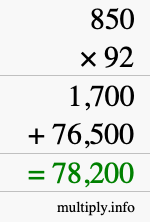How to calculate 850 times 92 using long multiplication