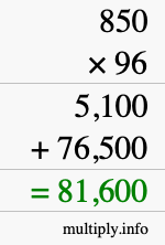 How to calculate 850 times 96 using long multiplication