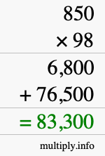 How to calculate 850 times 98 using long multiplication
