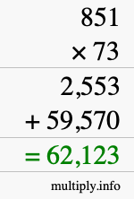 How to calculate 851 times 73 using long multiplication