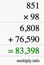 How to calculate 851 times 98 using long multiplication