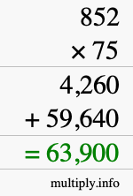 How to calculate 852 times 75 using long multiplication