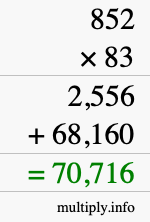 How to calculate 852 times 83 using long multiplication