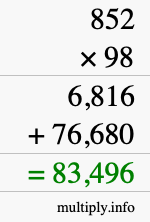How to calculate 852 times 98 using long multiplication