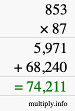 How to calculate 853 times 87 using long multiplication