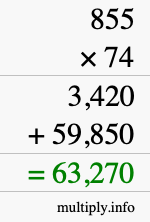 How to calculate 855 times 74 using long multiplication