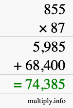 How to calculate 855 times 87 using long multiplication