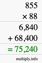 How to calculate 855 times 88 using long multiplication