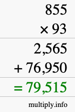 How to calculate 855 times 93 using long multiplication