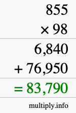 How to calculate 855 times 98 using long multiplication