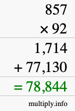 How to calculate 857 times 92 using long multiplication