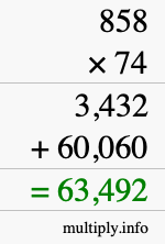 How to calculate 858 times 74 using long multiplication
