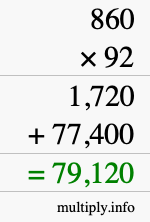 How to calculate 860 times 92 using long multiplication