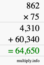 How to calculate 862 times 75 using long multiplication
