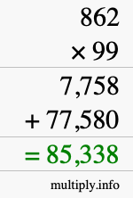 How to calculate 862 times 99 using long multiplication