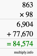 How to calculate 863 times 98 using long multiplication