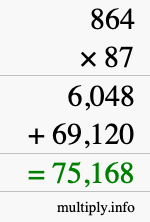 How to calculate 864 times 87 using long multiplication