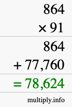 How to calculate 864 times 91 using long multiplication