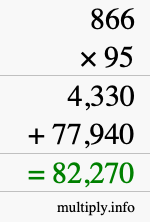 How to calculate 866 times 95 using long multiplication