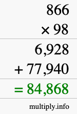 How to calculate 866 times 98 using long multiplication