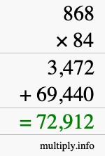 How to calculate 868 times 84 using long multiplication