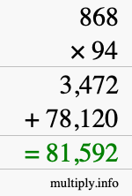 How to calculate 868 times 94 using long multiplication