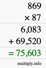 How to calculate 869 times 87 using long multiplication