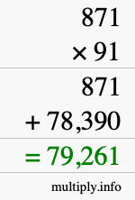 How to calculate 871 times 91 using long multiplication