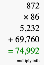 How to calculate 872 times 86 using long multiplication