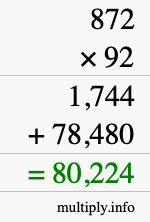 How to calculate 872 times 92 using long multiplication