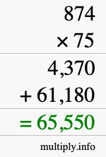 How to calculate 874 times 75 using long multiplication