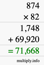 How to calculate 874 times 82 using long multiplication