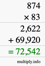 How to calculate 874 times 83 using long multiplication
