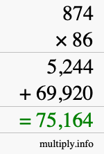 How to calculate 874 times 86 using long multiplication