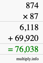 How to calculate 874 times 87 using long multiplication