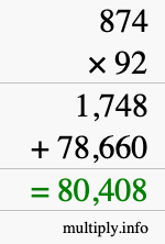 How to calculate 874 times 92 using long multiplication
