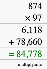 How to calculate 874 times 97 using long multiplication