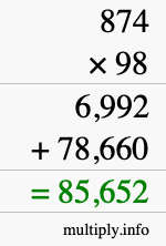 How to calculate 874 times 98 using long multiplication