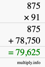 How to calculate 875 times 91 using long multiplication