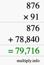 How to calculate 876 times 91 using long multiplication
